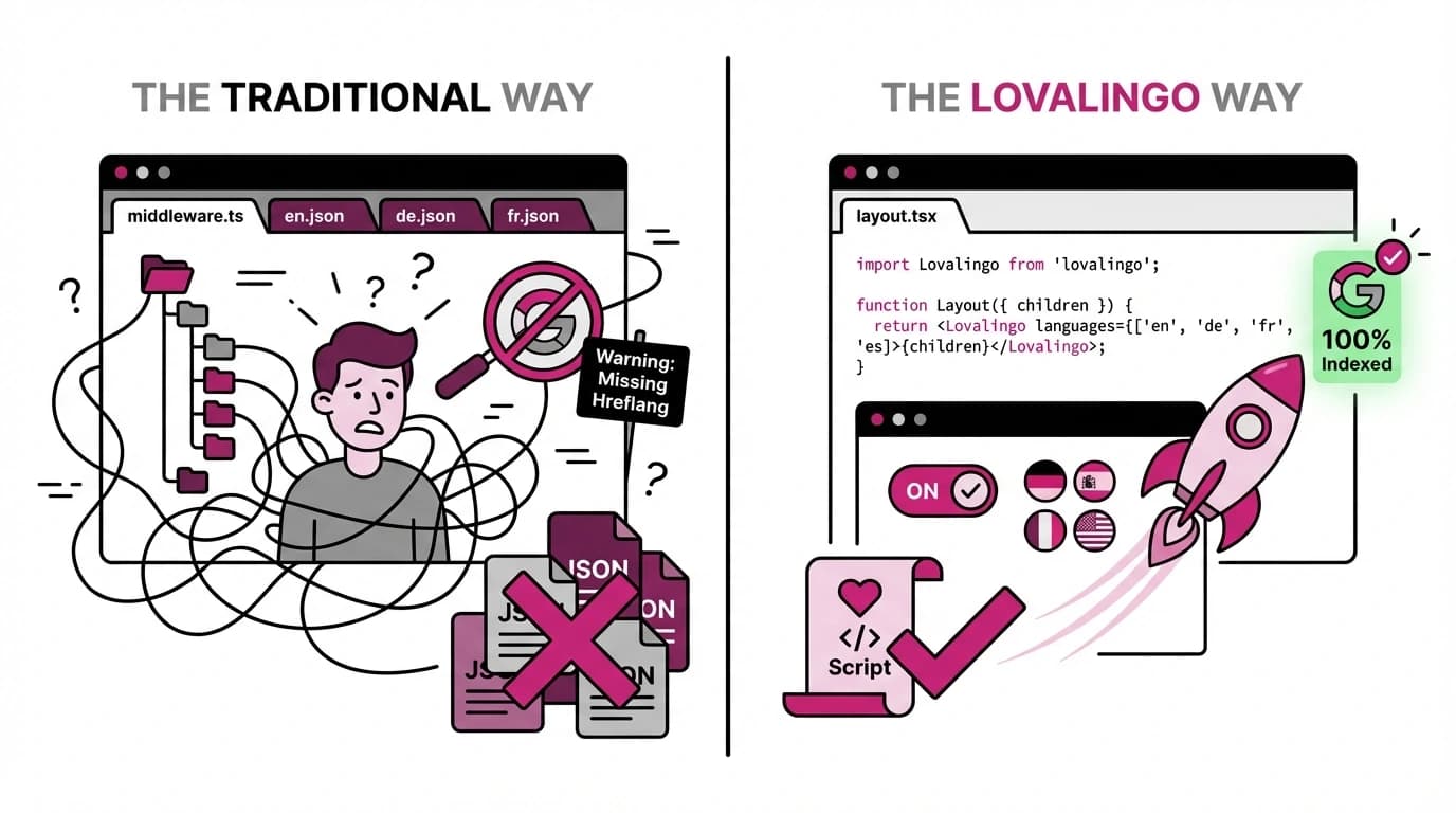 The Easiest Way to Translate Next.js (No JSON Files Required) — Lovalingo use case